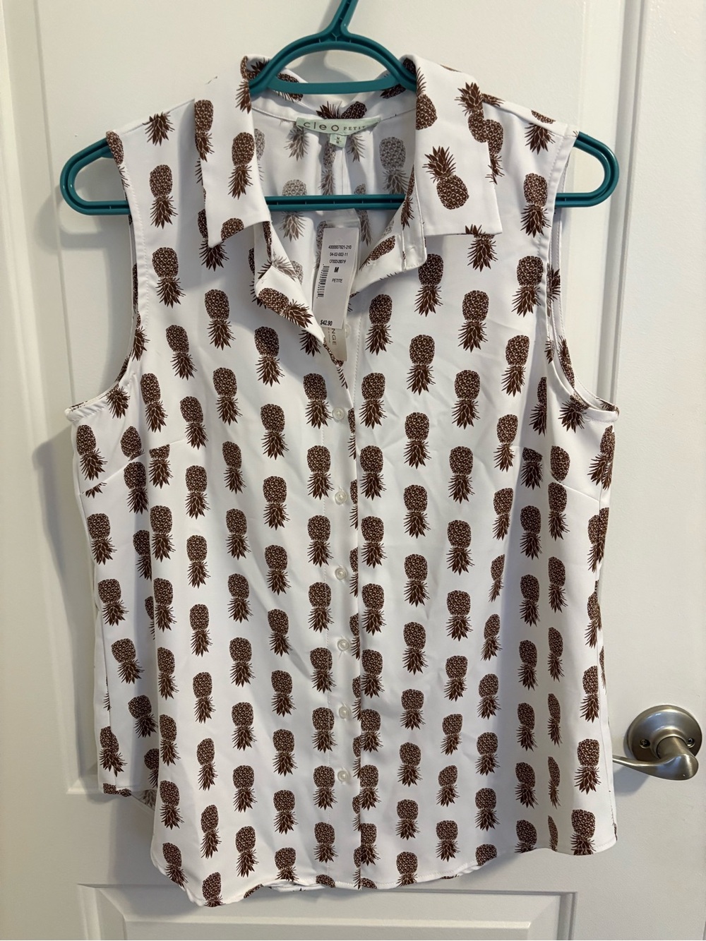 cleo White Sleeveless Button-Up Top with Brown Pineapple Print